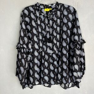 Roller Rabbit size L long sleeve top black paisley 100% silk boho ruffle